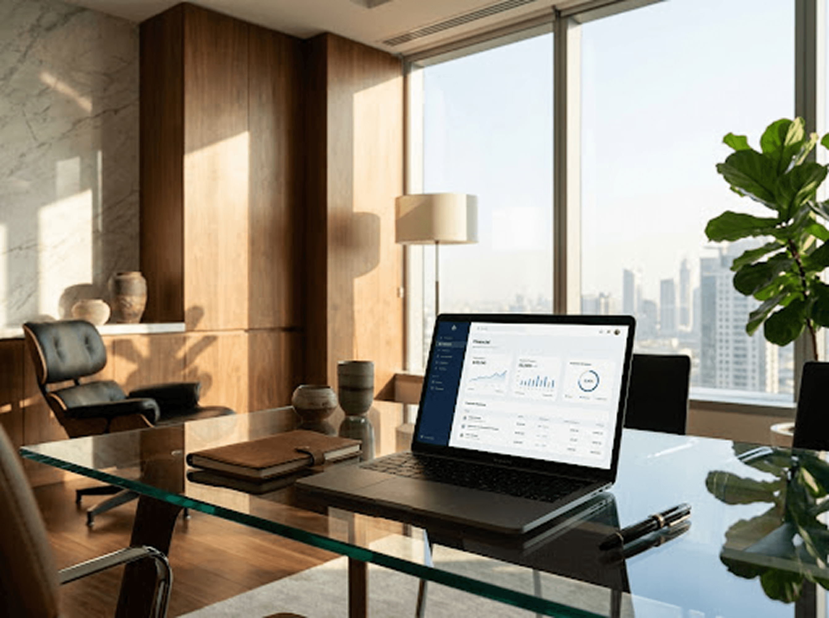 Executive office desk with laptop financial dashboard
